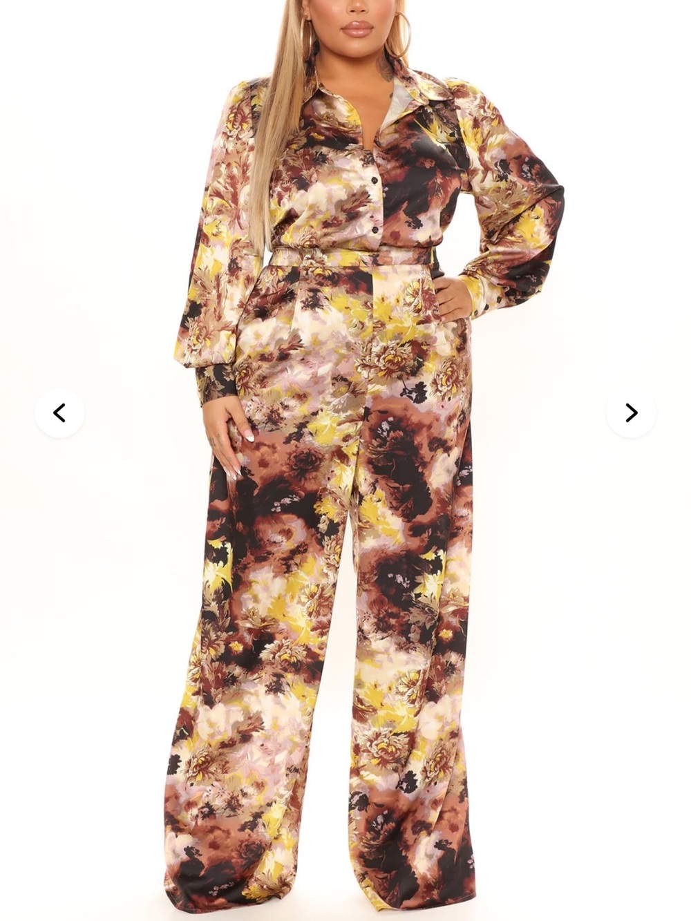 Fashion Nova Floral Satin jumpsuit- Yellow, Brown, Pink